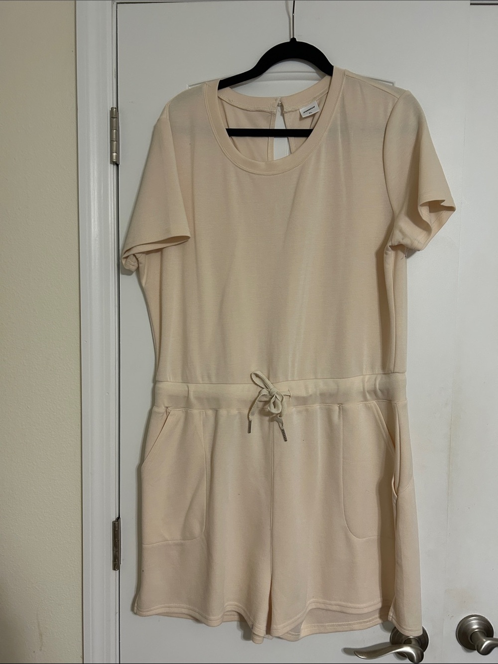 Amazon Cream Short Sleeve Drawstring Romper with Pockets